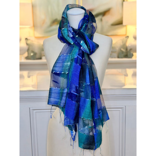 Shades of Blue scarf, laid flat
