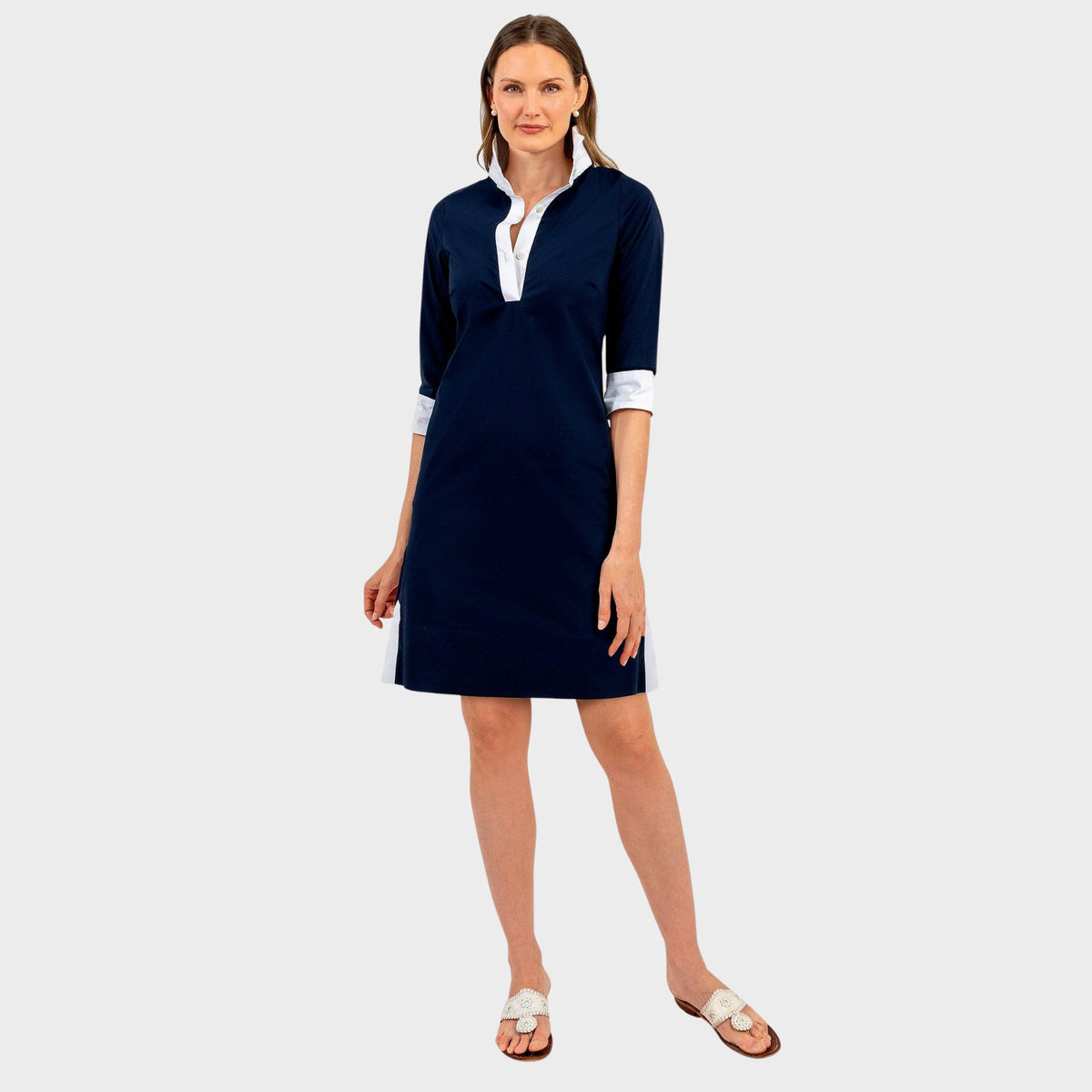 Shirt Tail Dress in Navy, full body