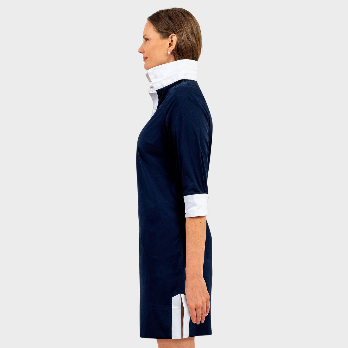 Shirt Tail Dress in Navy, side view