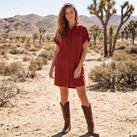 Short Sleeve Red Pocket Button Dress