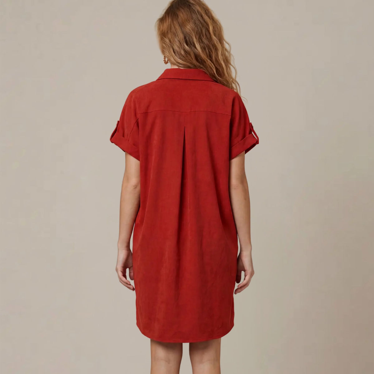 Short Sleeve Red Pocket Button Dress
