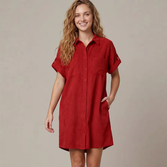 Short Sleeve Red Pocket Button Dress