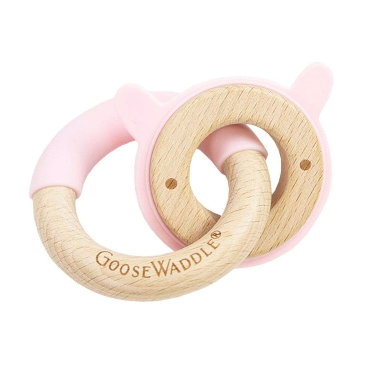 Silicone & Wood Double Ring Teether in Pink Rabbit
