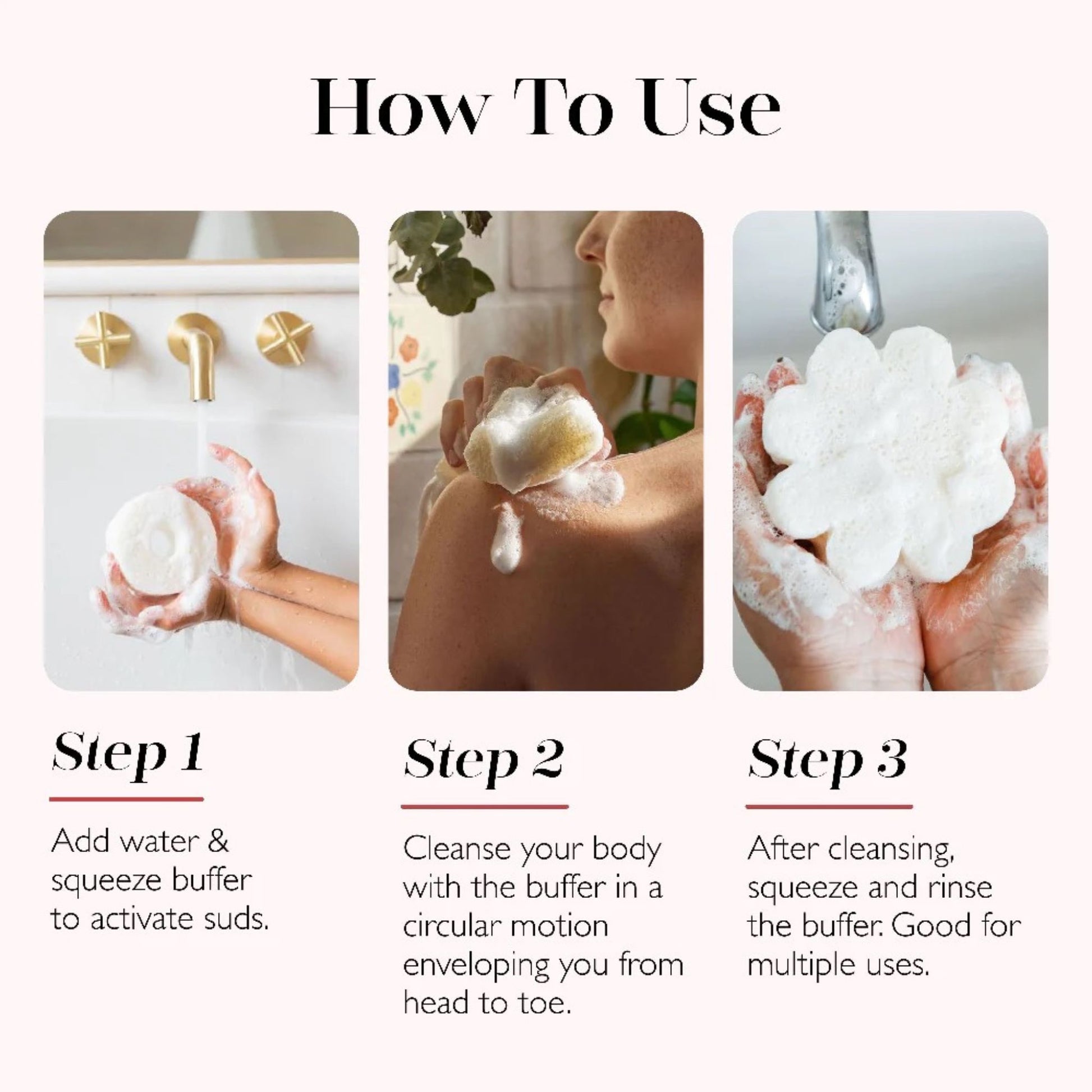 Instructions on how to use a buffer for cleansing with images and text.