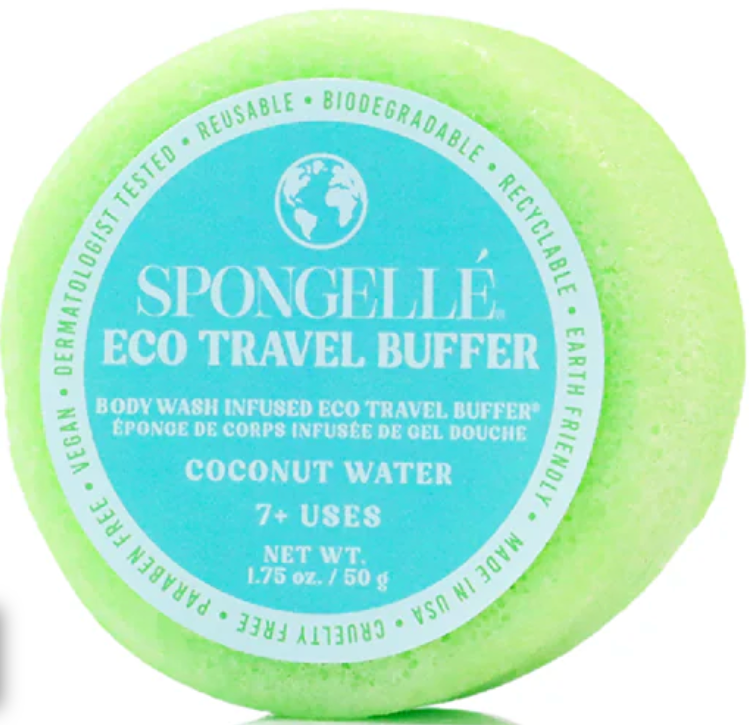 Green eco travel buffer with blue label on a white background