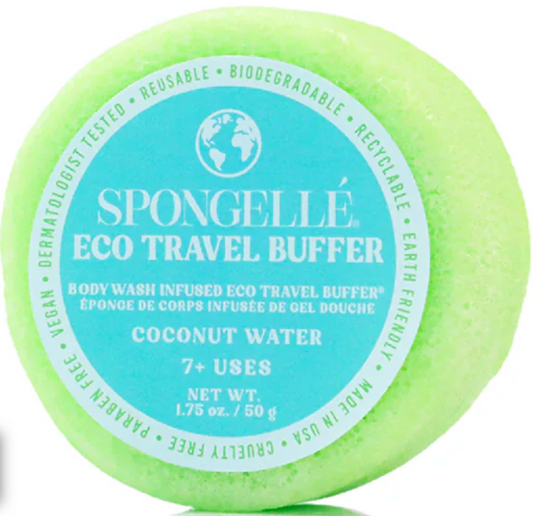 Green eco travel buffer with blue label on a white background