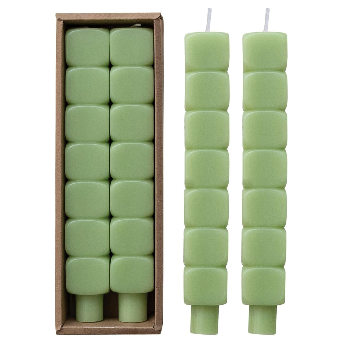 Pair of mint stacked-block taper candles with a sculpted architectural silhouette