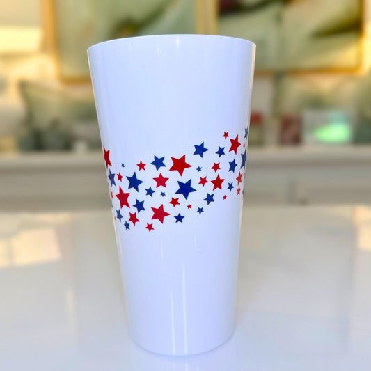 Unbreakable pint tumbler, white with red, white, and blue star band
