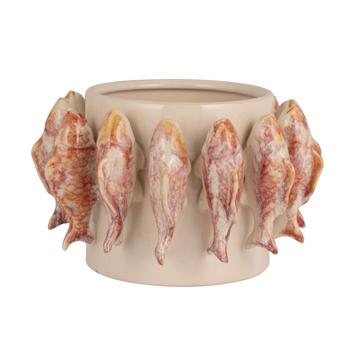 Stoneware planter with a dimensional fish design and reactive glaze