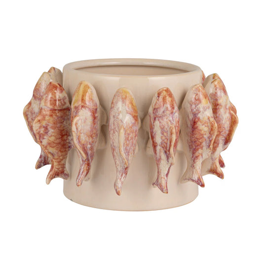 Stoneware planter with a dimensional fish design and reactive glaze