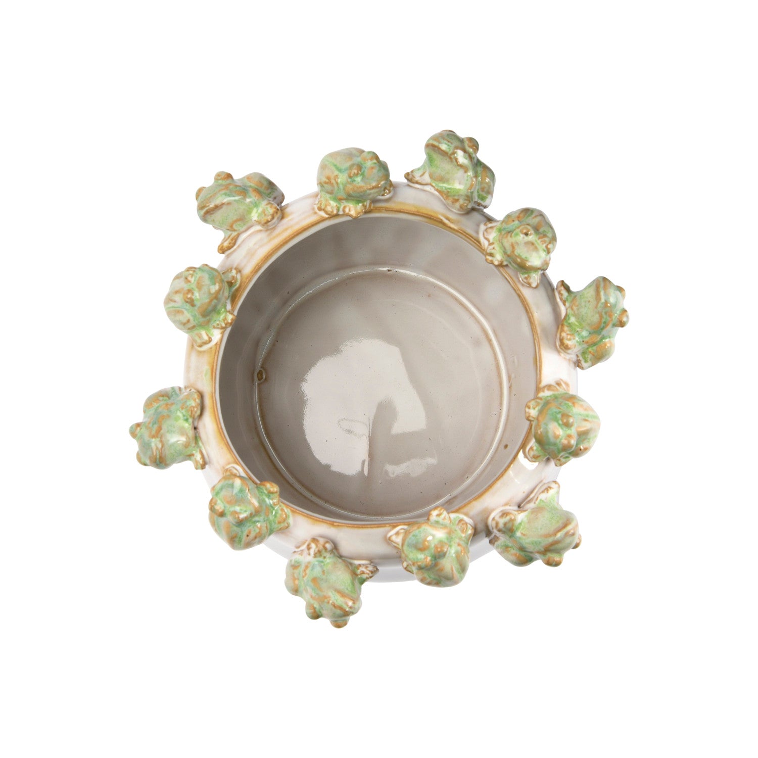 Overhead view of the stoneware frog rim planter