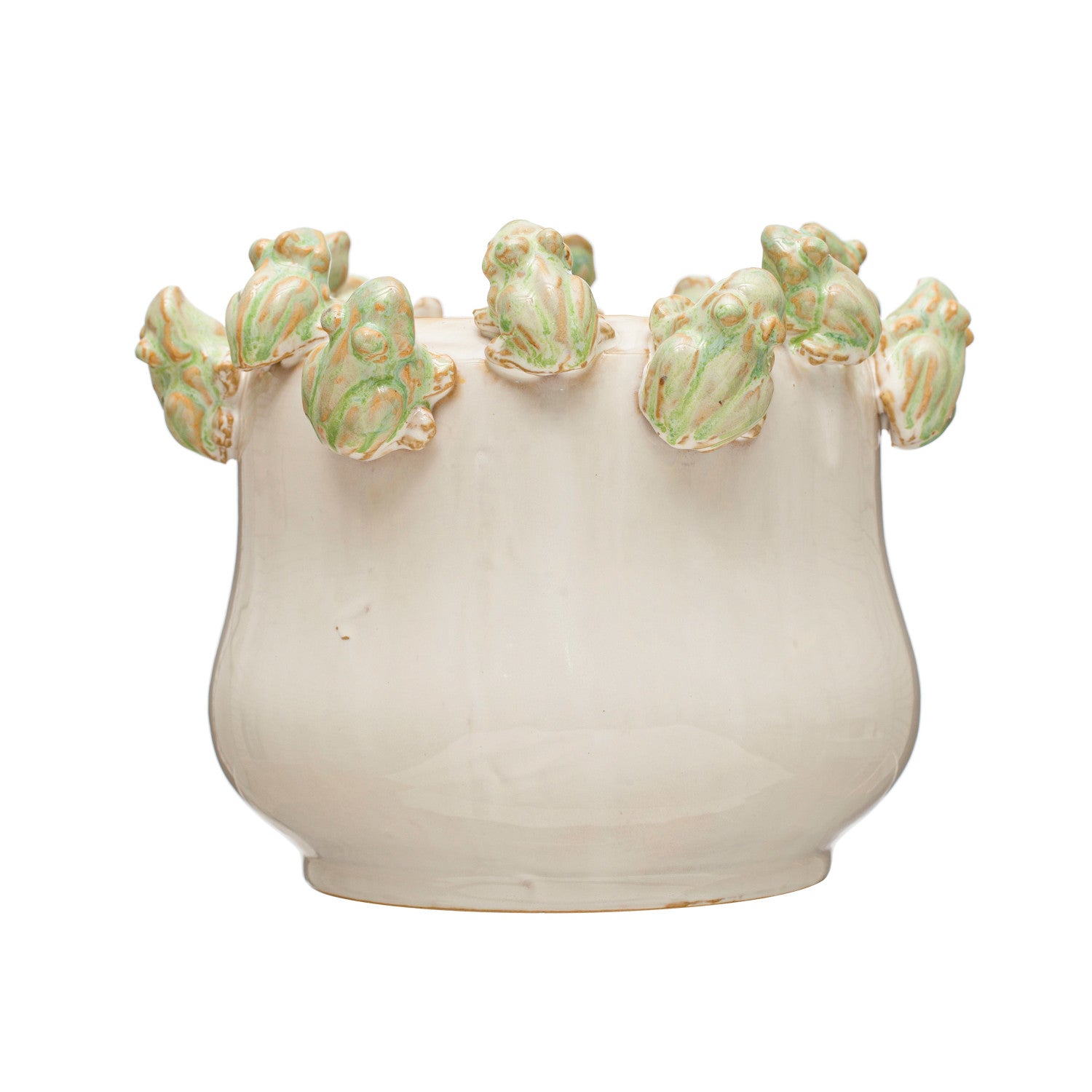 Stoneware planter with a ring of frogs perched along the rim, reactive glaze finish