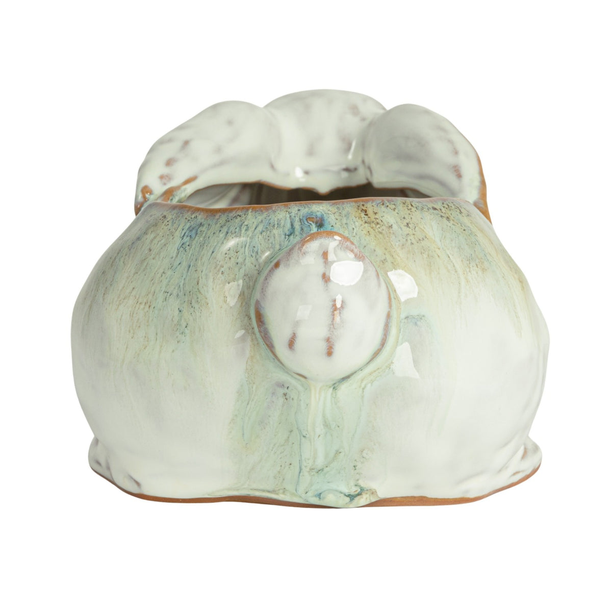 Blue and white reactive-glaze stoneware rabbit planter, back view