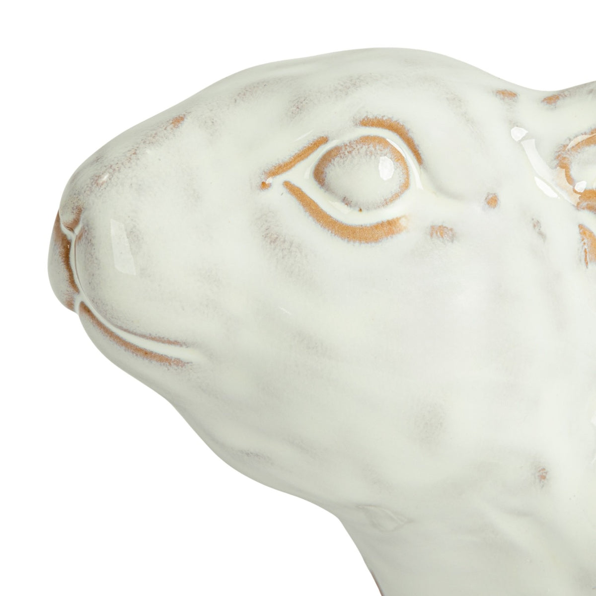 Close-up of the reactive blue and white glaze on the stoneware rabbit planter
