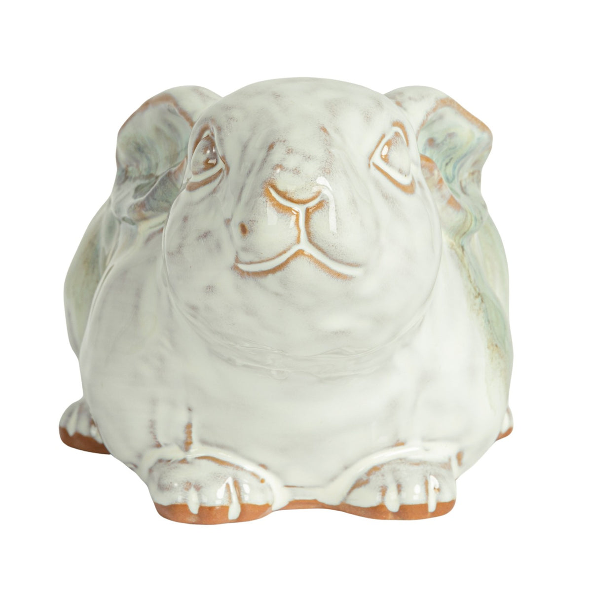 Blue and white reactive-glaze stoneware rabbit planter, front view