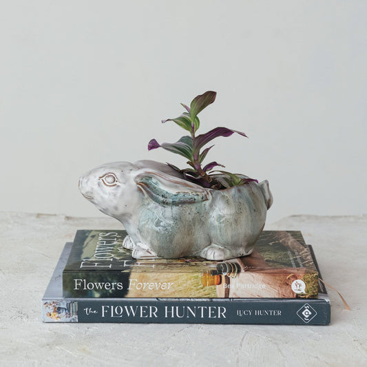 Ceramic rabbit planter with a plant on top of a book titled 'The Flower Hunter'.