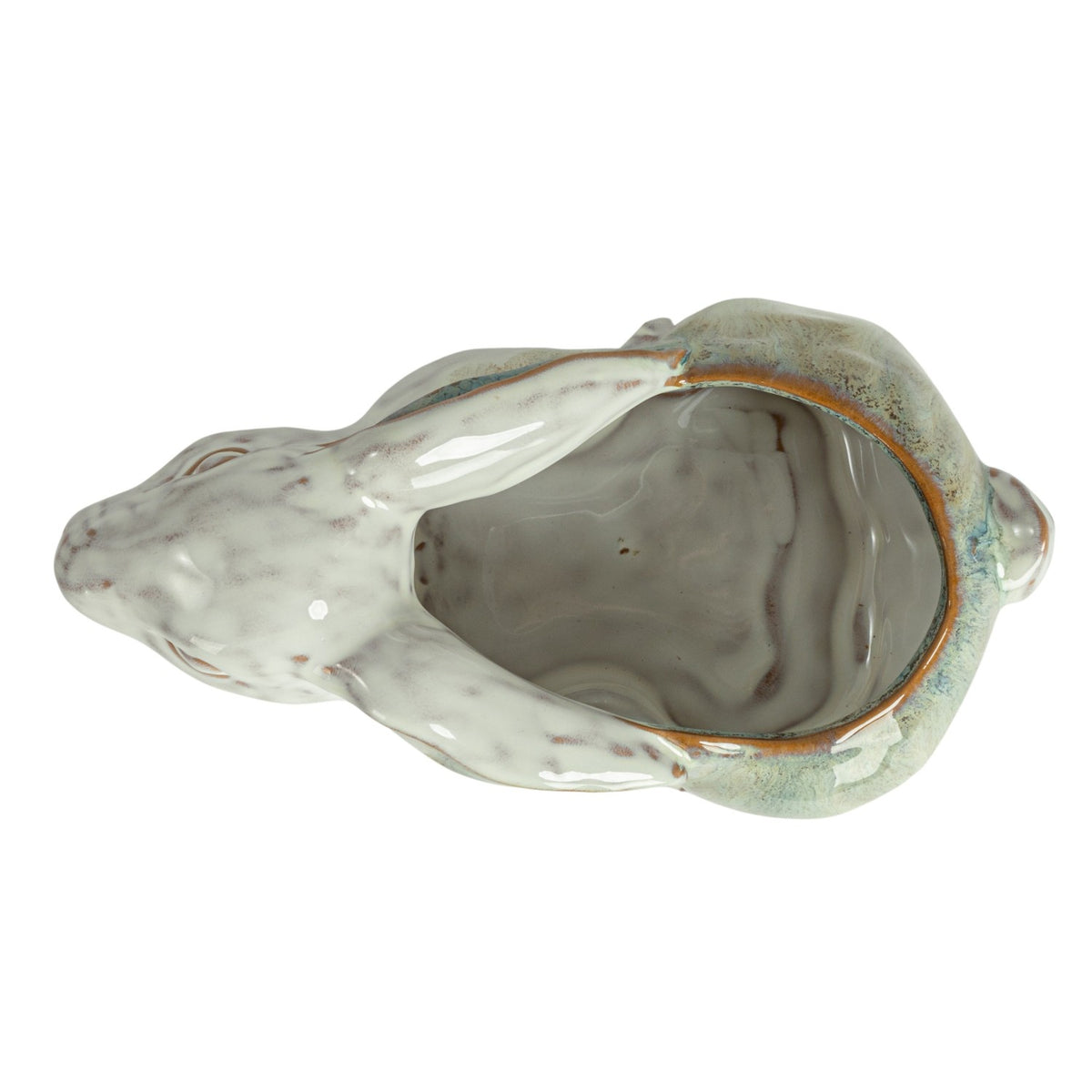 Blue and white reactive-glaze stoneware rabbit planter, overhead view