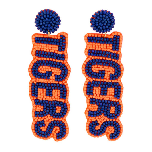 Navy and orange seed bead tiger earrings for game day