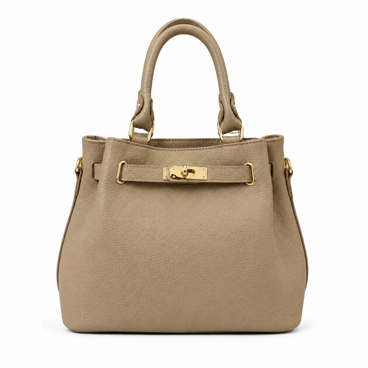 Taupe pebbled leather satchel with rounded double top handles and a belted front strap with a gold-tone turn-lock closure.