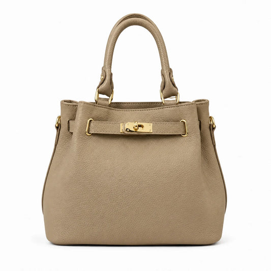 Taupe pebbled leather satchel with rounded double top handles and a belted front strap with a gold-tone turn-lock closure.
