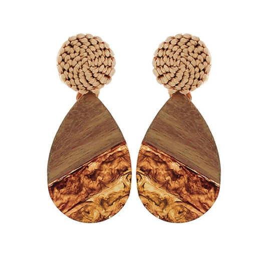 Wood & Raffia Teardrop Earrings in warm wood and resin with raffia accent