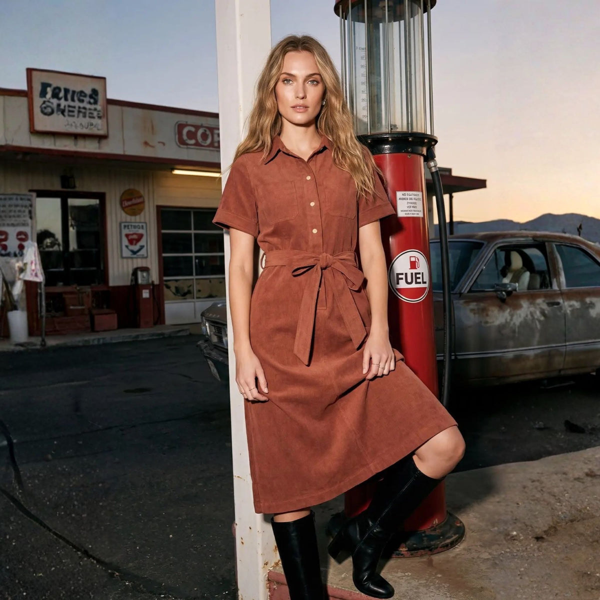 A model wearing a terracotta corduroy shirt midi dress, styled lifestyle shot.