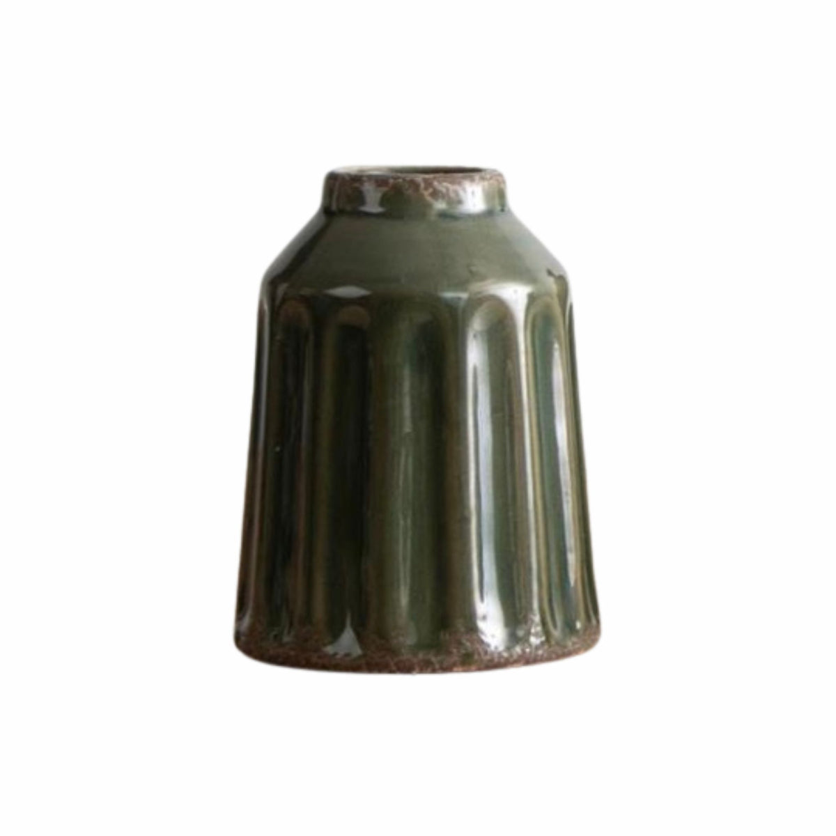 Fluted textured green ceramic vase, ribbed bell shape