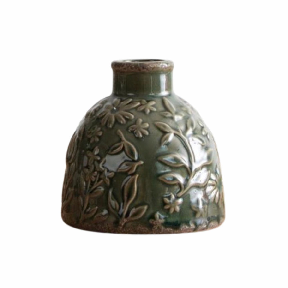 Vining textured green ceramic vase with botanical relief pattern