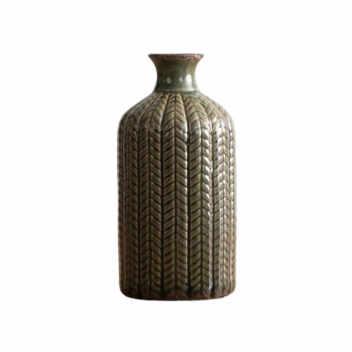 Woven textured green ceramic vase with chevron pattern