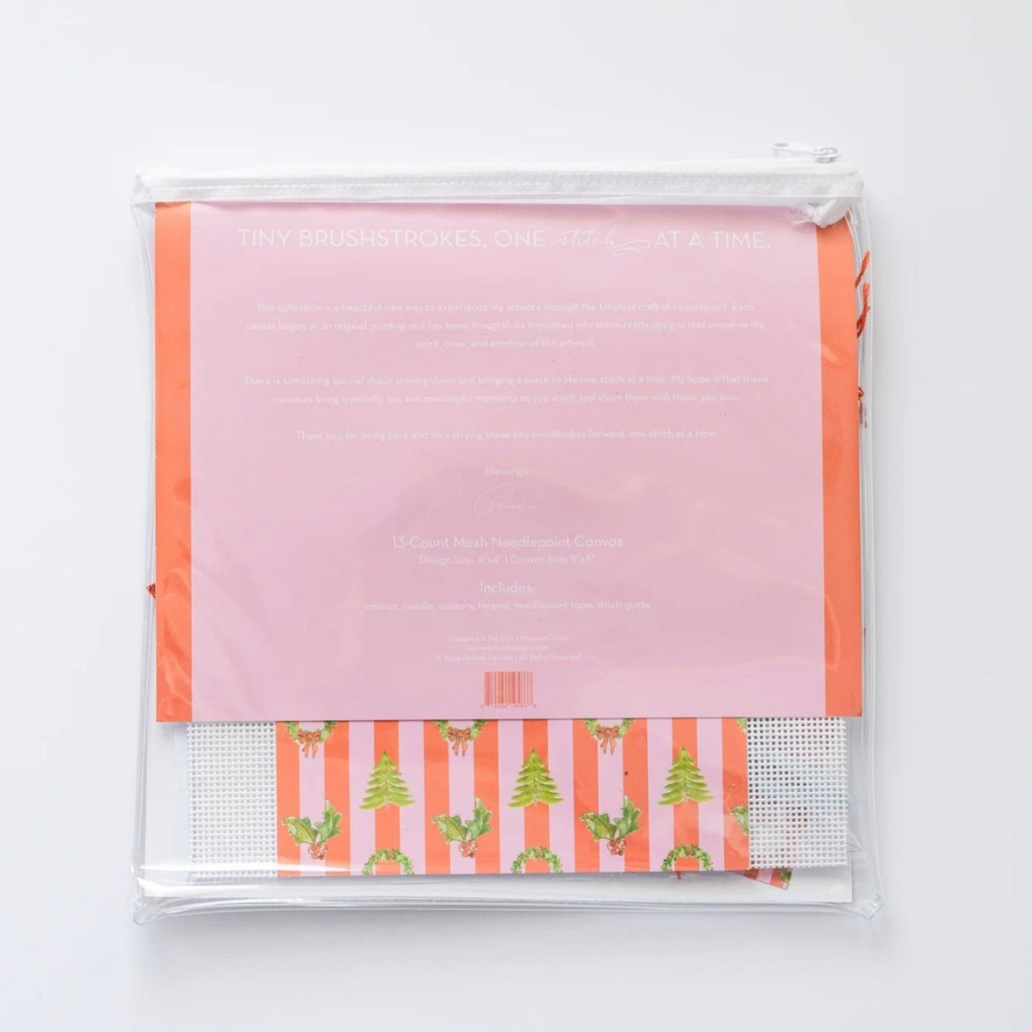 Back of the Tidings Beginner Needlepoint Kit packaging.