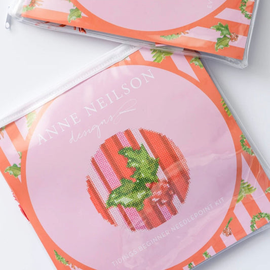 Tidings Beginner Needlepoint Kit styled in a lifestyle setting.