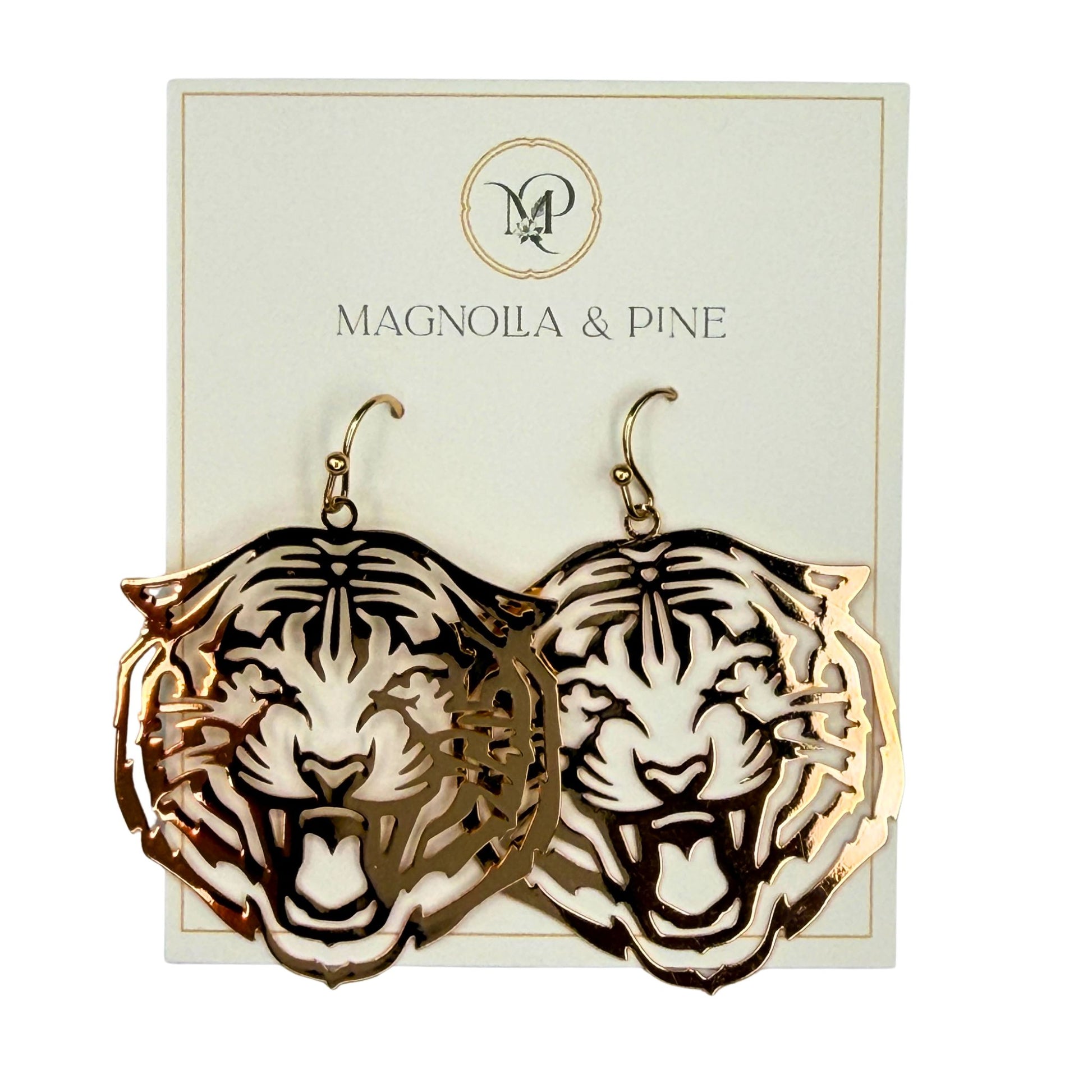 Tiger Gameday Dangle Earrings, laser-cut gold-tone tiger dangle