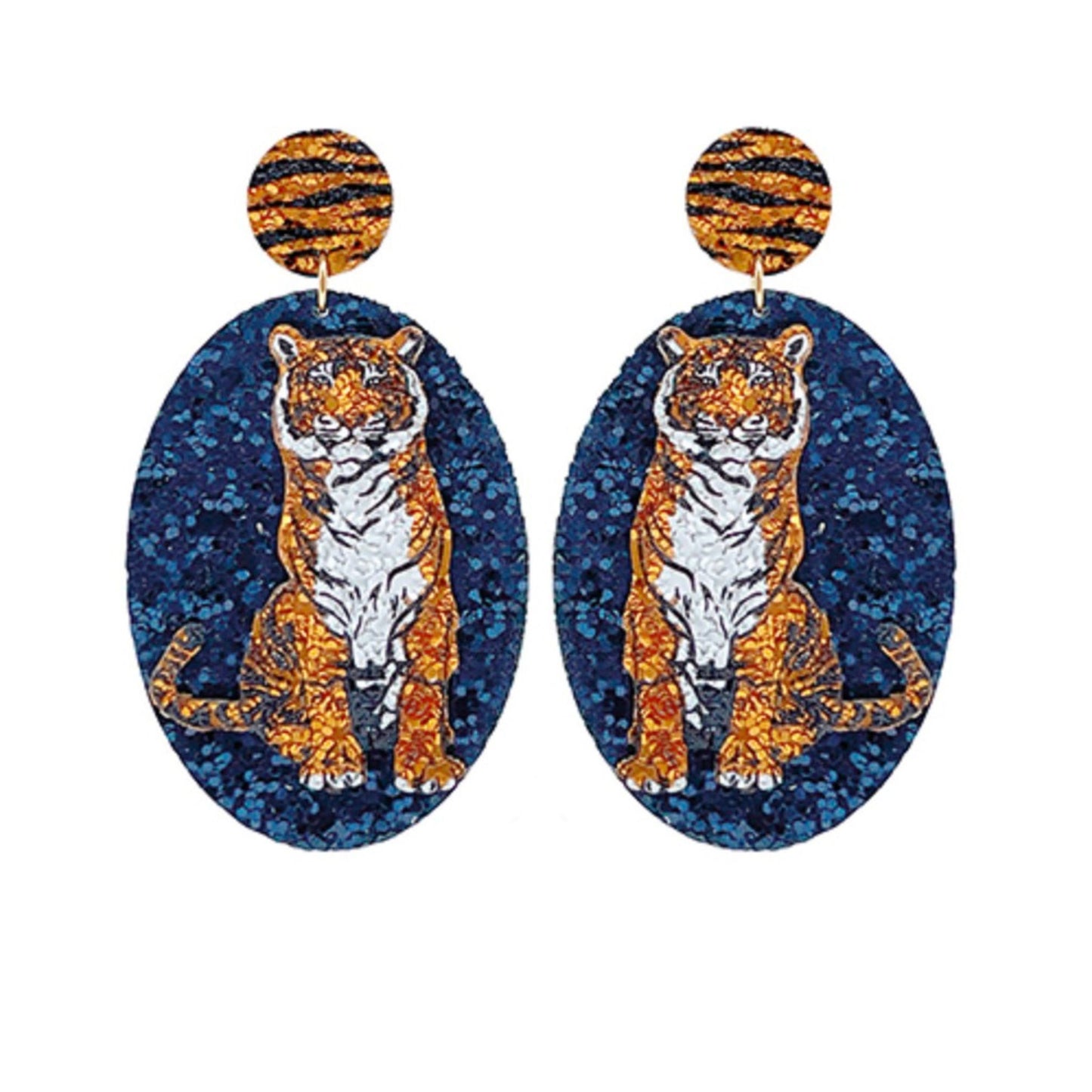 Tiger Gameday Sparkle Earrings, oval shape in orange and blue glitter