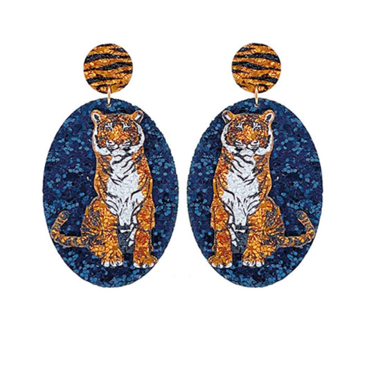 Tiger Gameday Sparkle Earrings, oval shape in orange and blue glitter