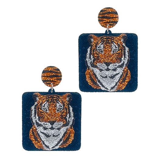 Tiger Gameday Sparkle Earrings, square shape in orange and blue glitter