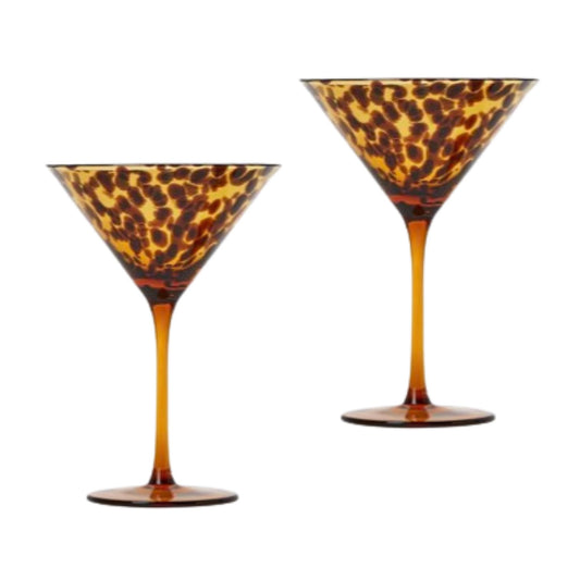 Set of two tortoise print martini glasses with warm amber tones
