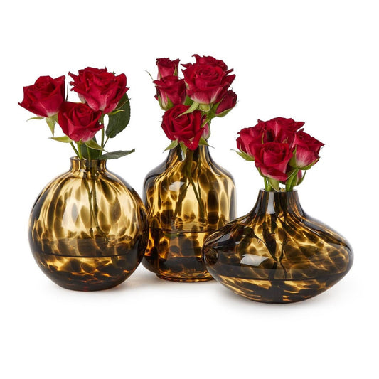 Tortoise print glass bud vase with fresh flowers
