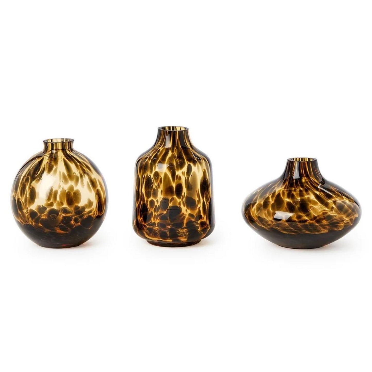 Three small decorative glass vases with a glossy amber-brown and black marbled pattern, arranged on a plain white background.