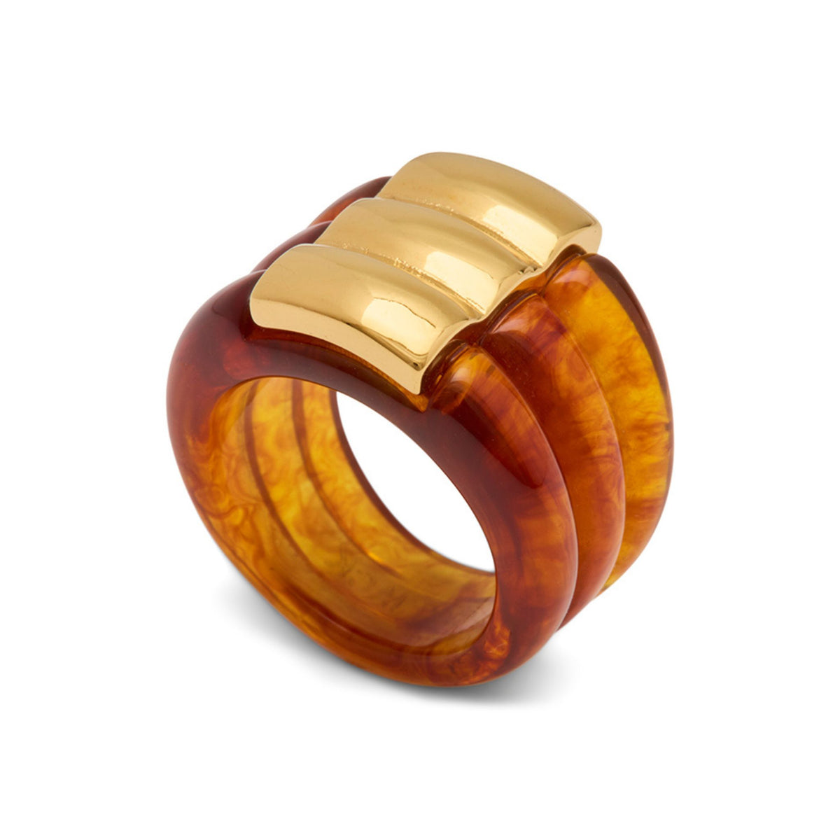 Tortoise-pattern Swiss resin ring with a wide, ridged 18K gold-plated band, by Lucas Jack.