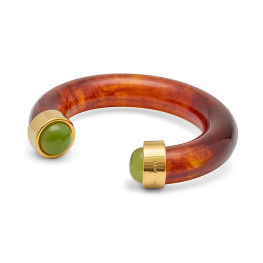 Tortoise-pattern Swiss resin cuff bracelet with lime green quartz cabochons and 18K gold-plated caps, by Lucas Jack.