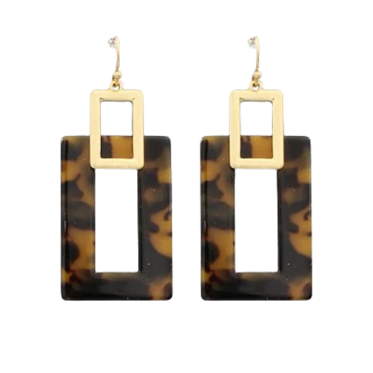 A pair of geometric drop earrings featuring rectangular tortoiseshell resin pendants with cutouts and a gold-tone square frame and fishhook wires above, shown on a plain white background.