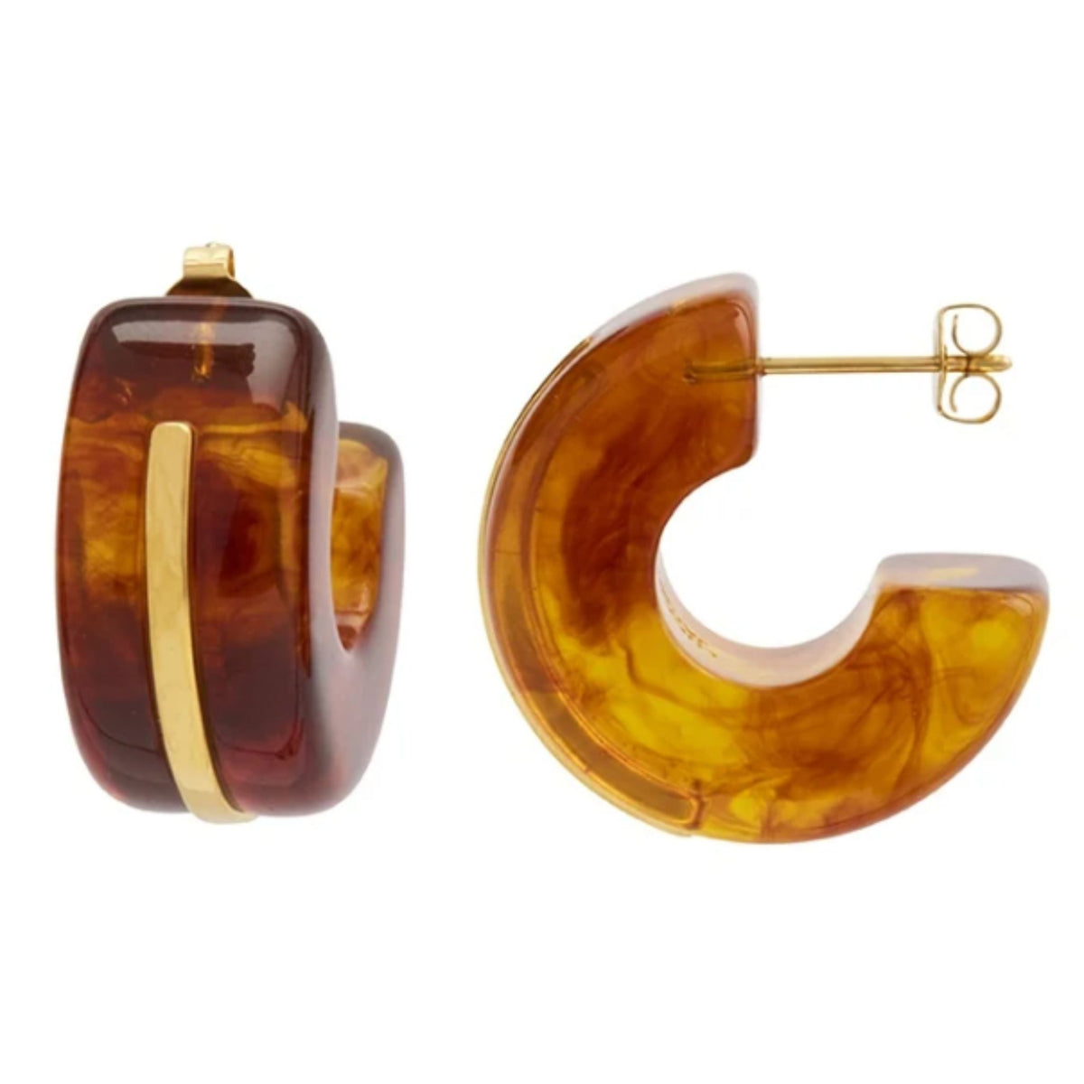 A pair of chunky C-shaped hoop earrings made of marbled amber resin with a gold metal accent stripe and gold post backing, shown on a plain white background.