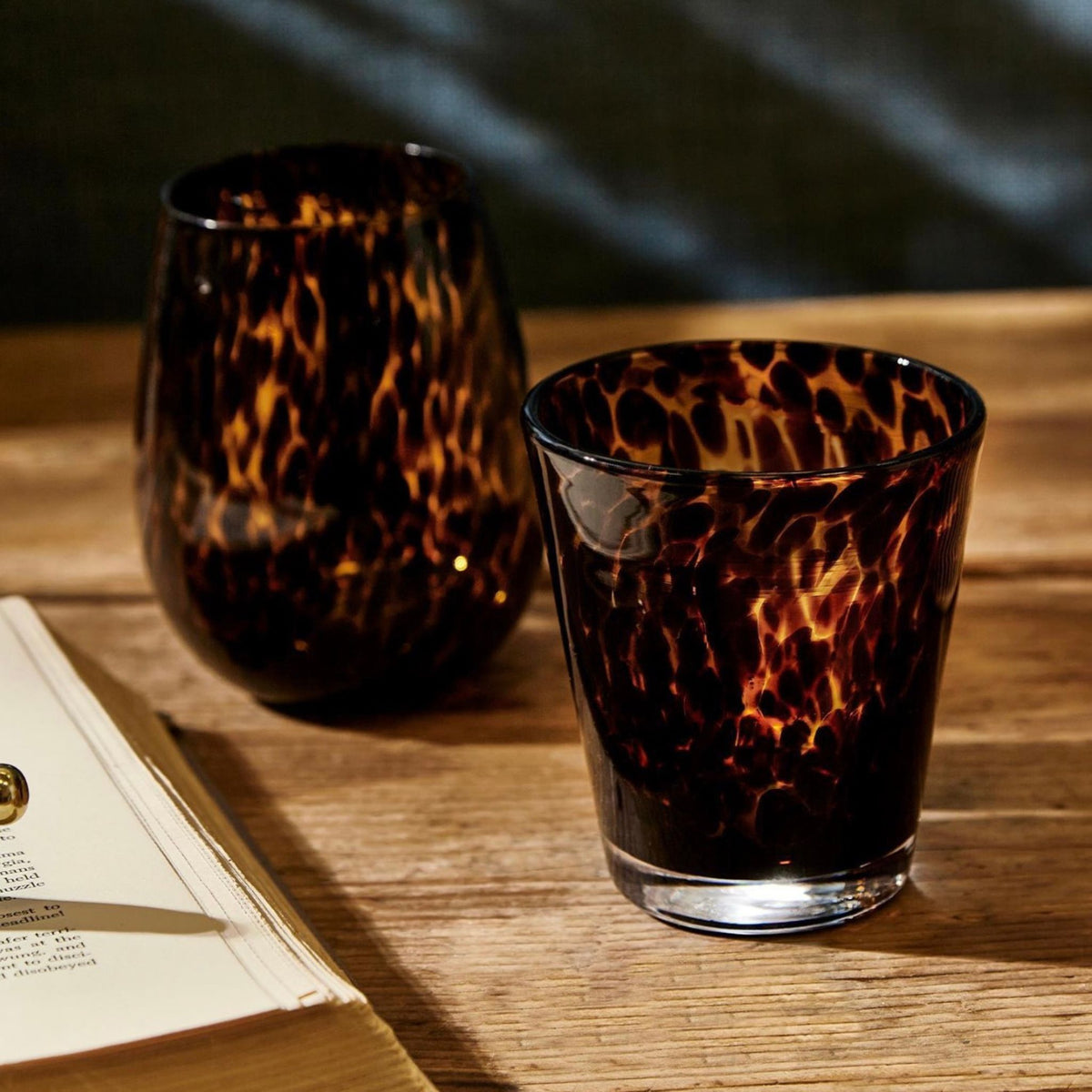 Tortoiseshell print double old-fashioned glass, close-up of the pattern