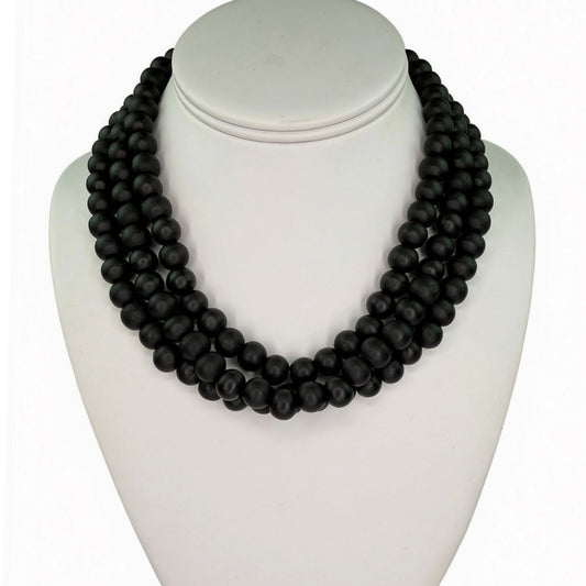 Triple-Strand Wooden Bead Necklace in black, matte wood beads