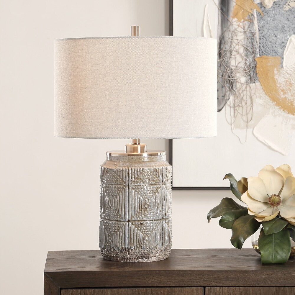 Gray ceramic table lamp with brown patina, front view