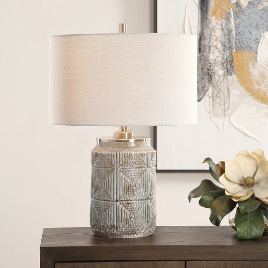 Gray ceramic table lamp with brown patina, front view