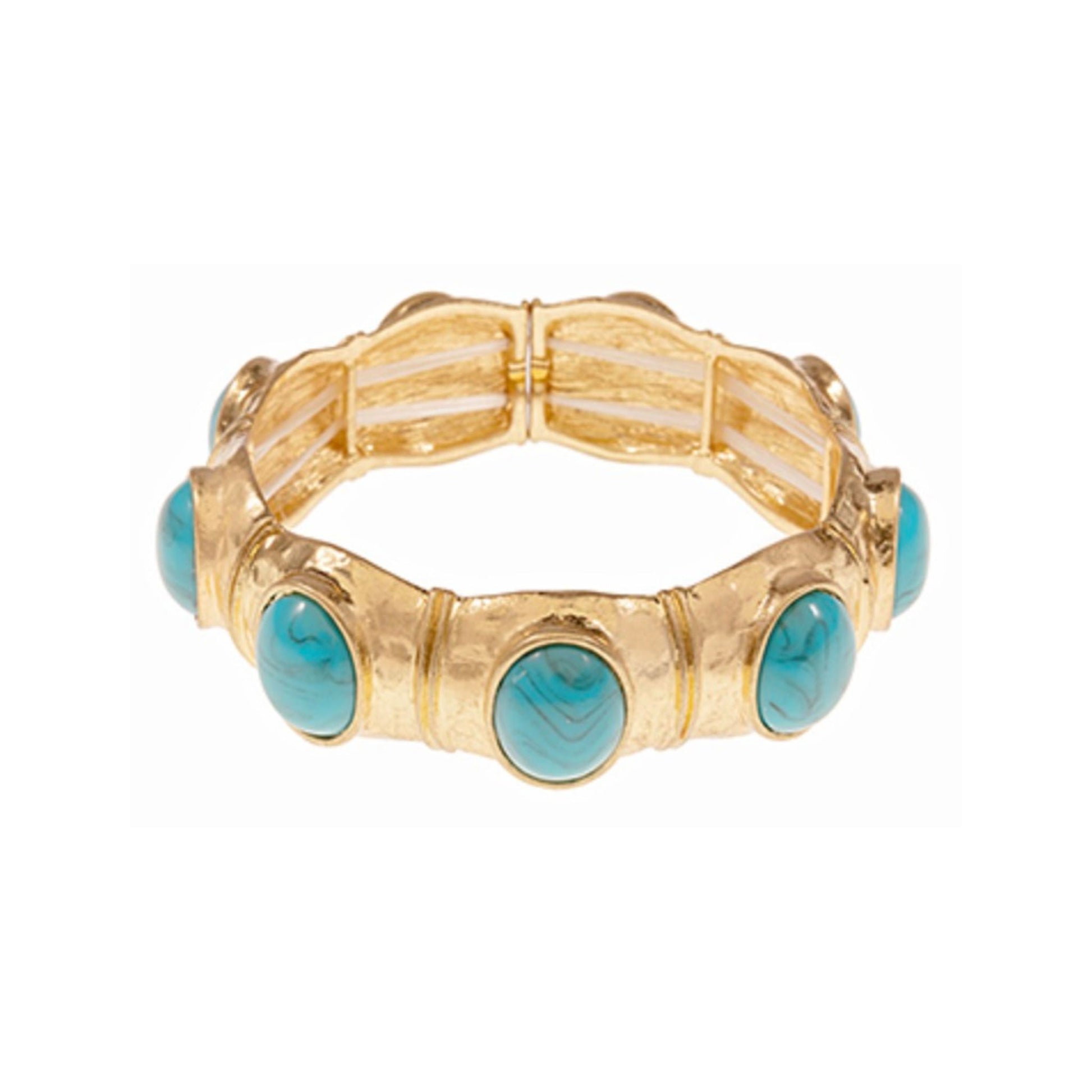 Golden Turquoise Stone Bracelet, oval turquoise stone stations on stretch bracelet