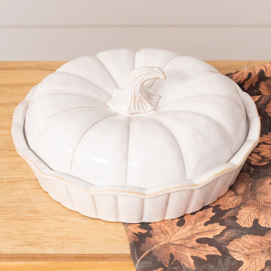 Covered white pumpkin dish, alternate view