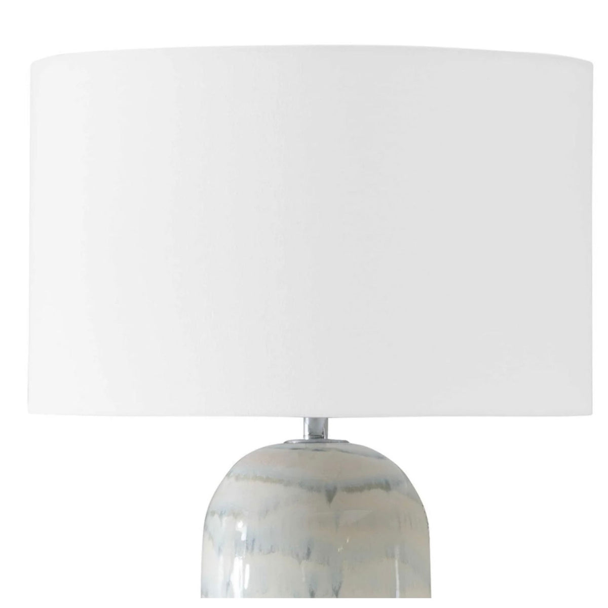 Arden white and smoky blue glazed ceramic table lamp, close-up of the glaze
