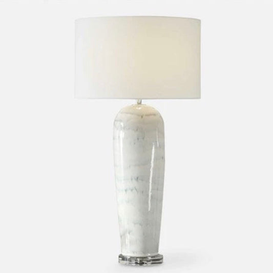 Arden white and smoky blue glazed ceramic table lamp, alternate angle